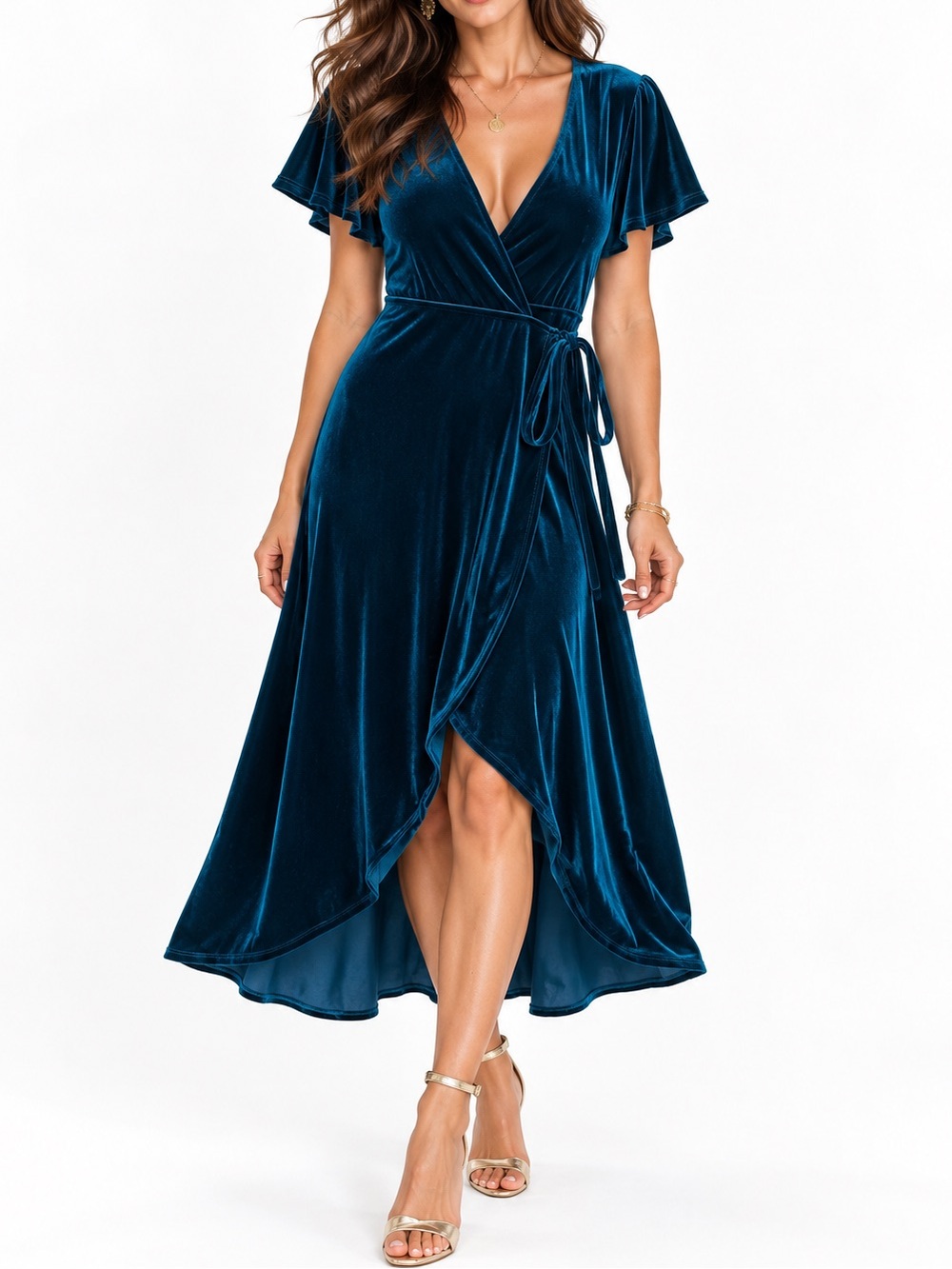 IF BY SEA Teal Velvet Wrap Midi Dress Flutter Sleeve Romantic Luxe Size Large